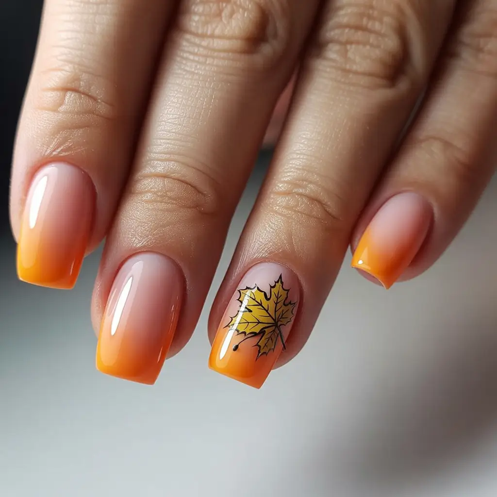 Playful and Adorable Fall Nails 2025 Sunset Fade with Maple Accent