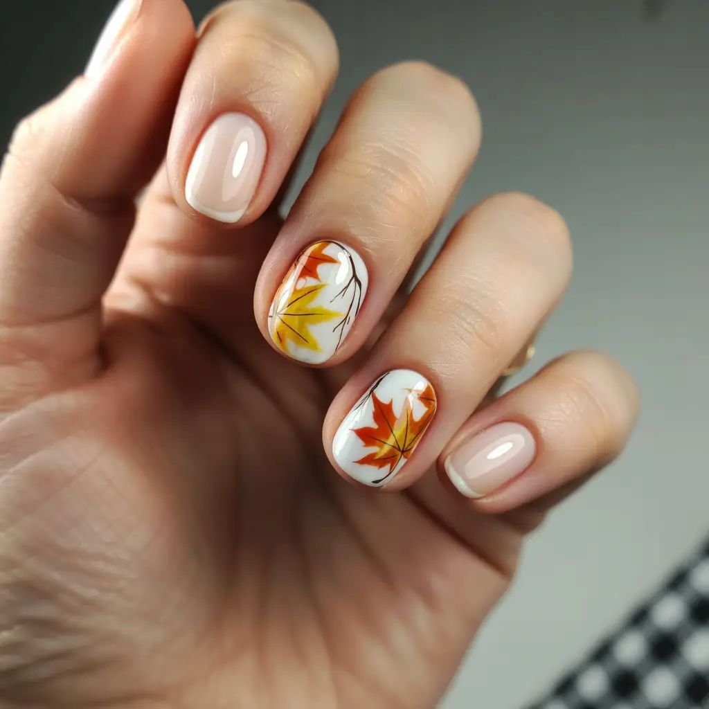 Playful and Adorable Fall Nails 2025 Maple Miniatures on Short Nails