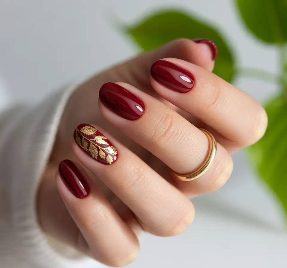 Playful and Adorable Fall Nails 2025 Merlot Elegance with Golden Leafing