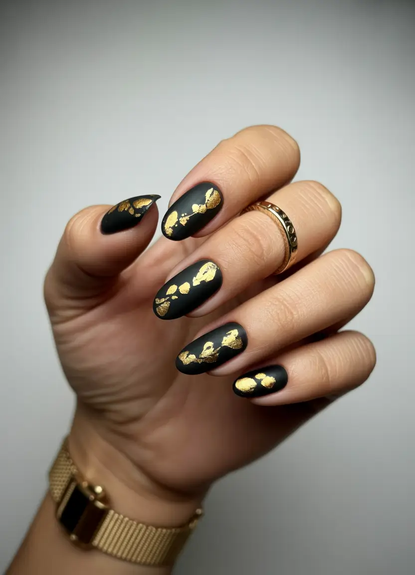 Playful and Adorable Fall Nails 2025 Midnight Matte with Luxe Gold Flecks