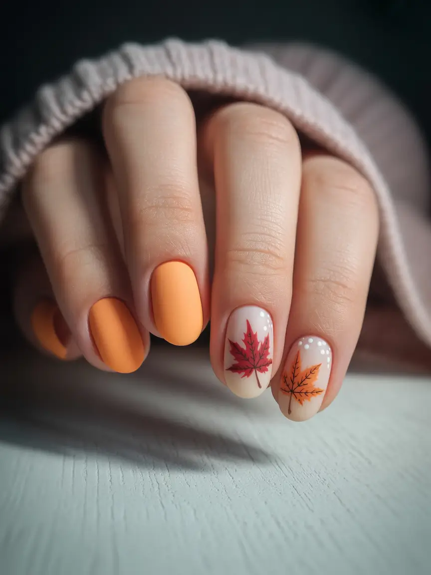 Playful and Adorable Fall Nails 2025+Minimal Maple with a Pop of Pumpkin