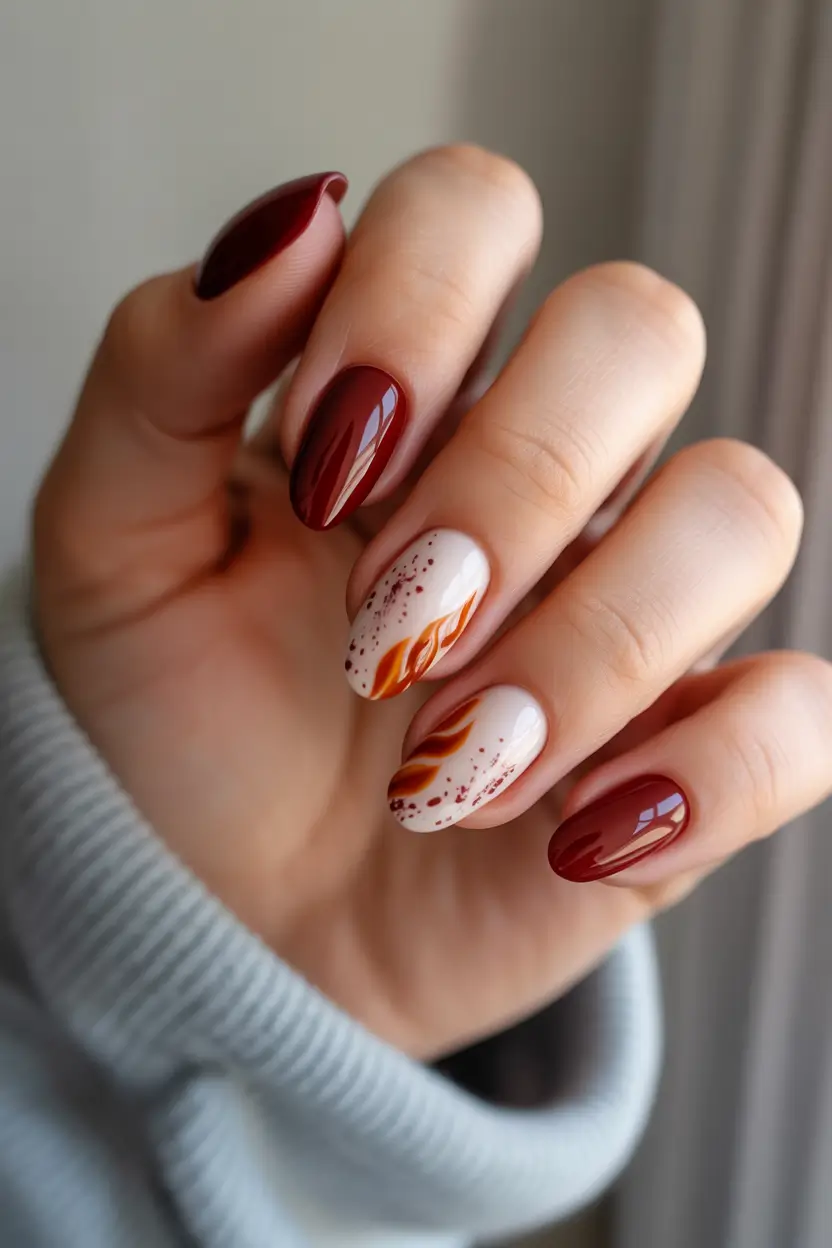 Playful and Adorable Fall Nails 2025+Wine Red Whirl with Autumn Speckles