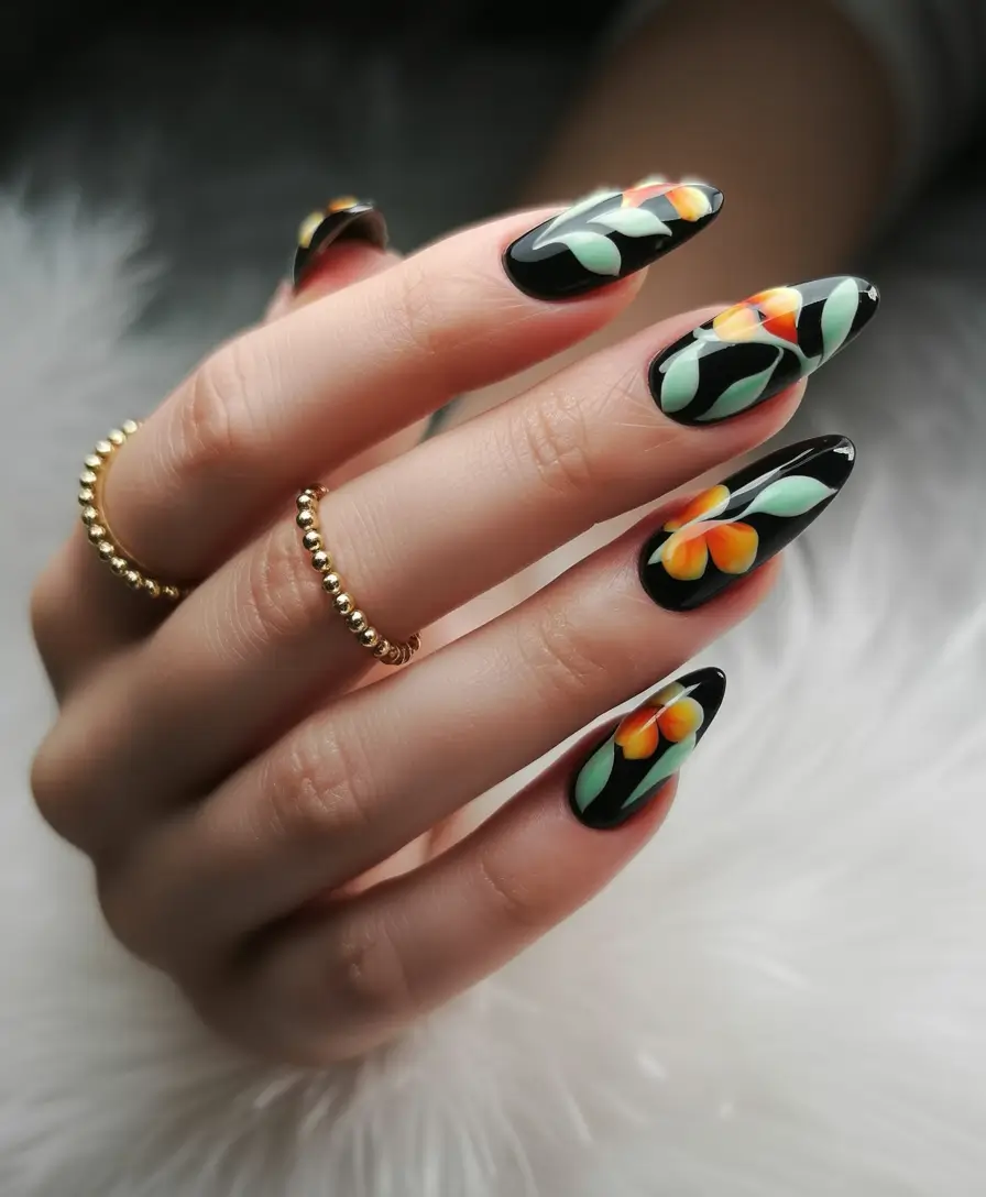 Playful and Adorable Fall Nails 2025+Dark Florals in Bloom