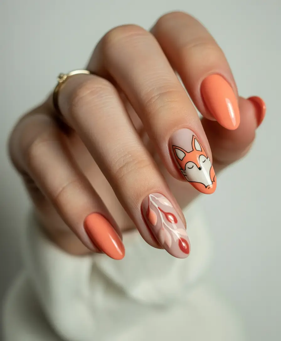 Playful and Adorable Fall Nails 2025+Snoozy Fox and Autumn Branches