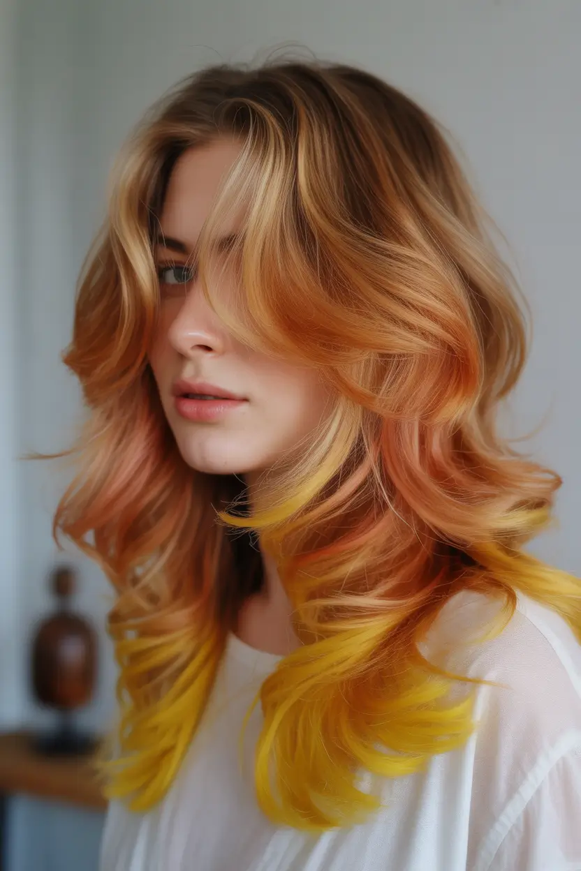 September hair color Layered Sunrise with a Yellow Pop