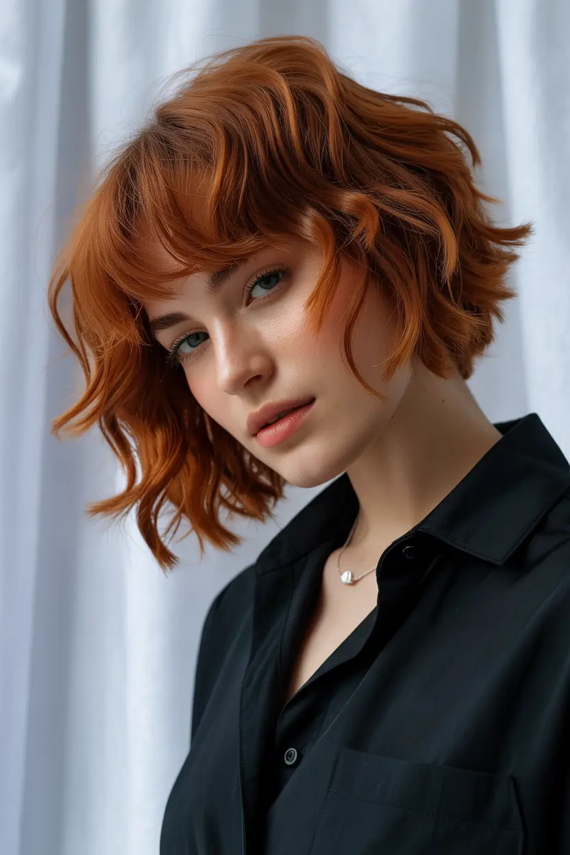 September hair color+Textured Copper Bob With Frenchie Bangs
