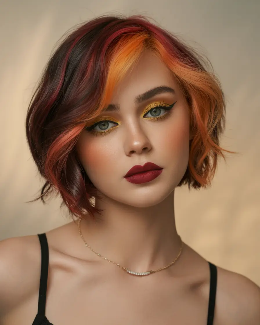 September hair color Molten Lava Melt with Fiery Dimension