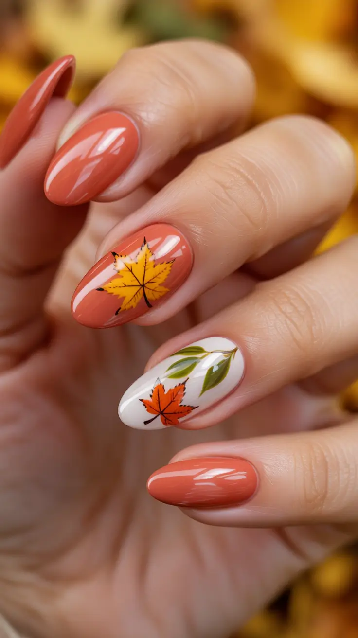 September nails color ideas 2025+Terracotta Leaves and Cozy Neutrals