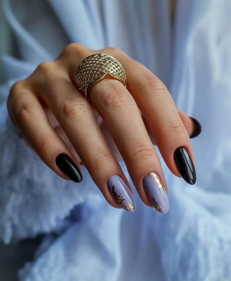September nails color ideas 2025+Black and Lilac with Gold Foil Drama