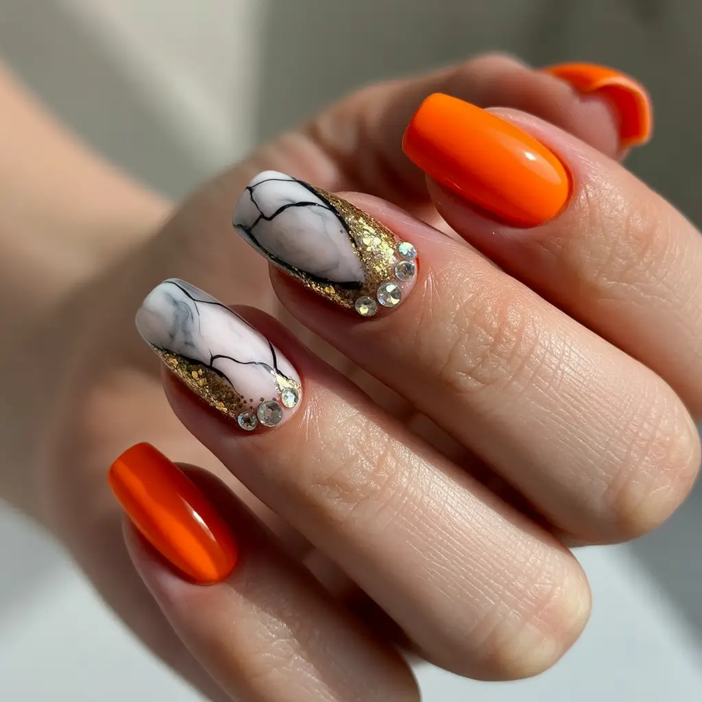 September nails color ideas 2025+Marble, Gold, and Neon Drama
