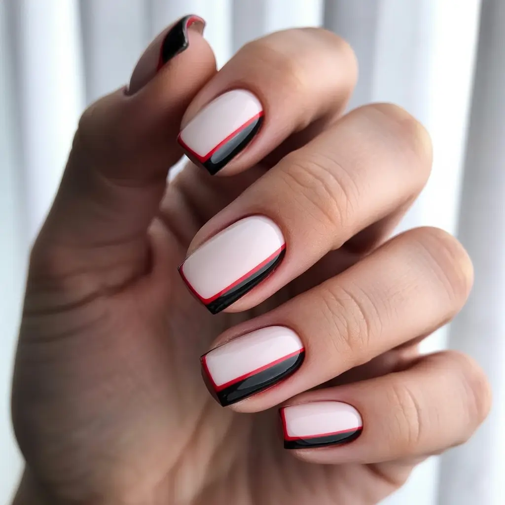 september-nails-color-ideas-2025+Graphic-Chic-Black-Red-Nude-Lines