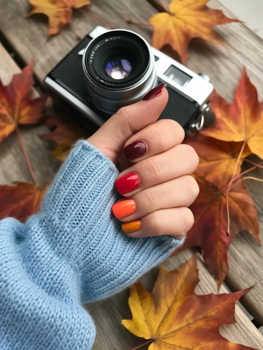 September nails color ideas 2025+Sunset Gradient with a Pop of Red