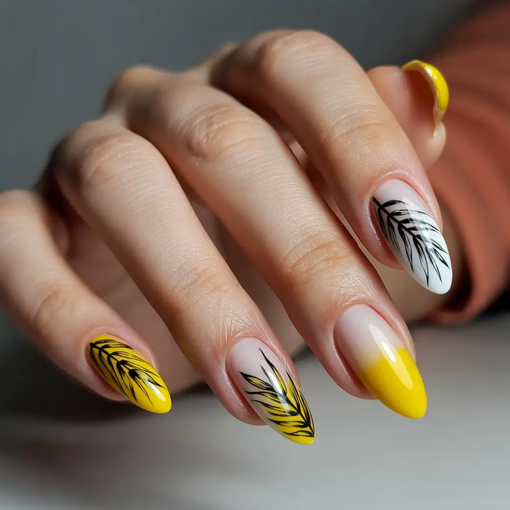 september-nails-color-ideas-2025+Yellow-Black-Botanical-Drama