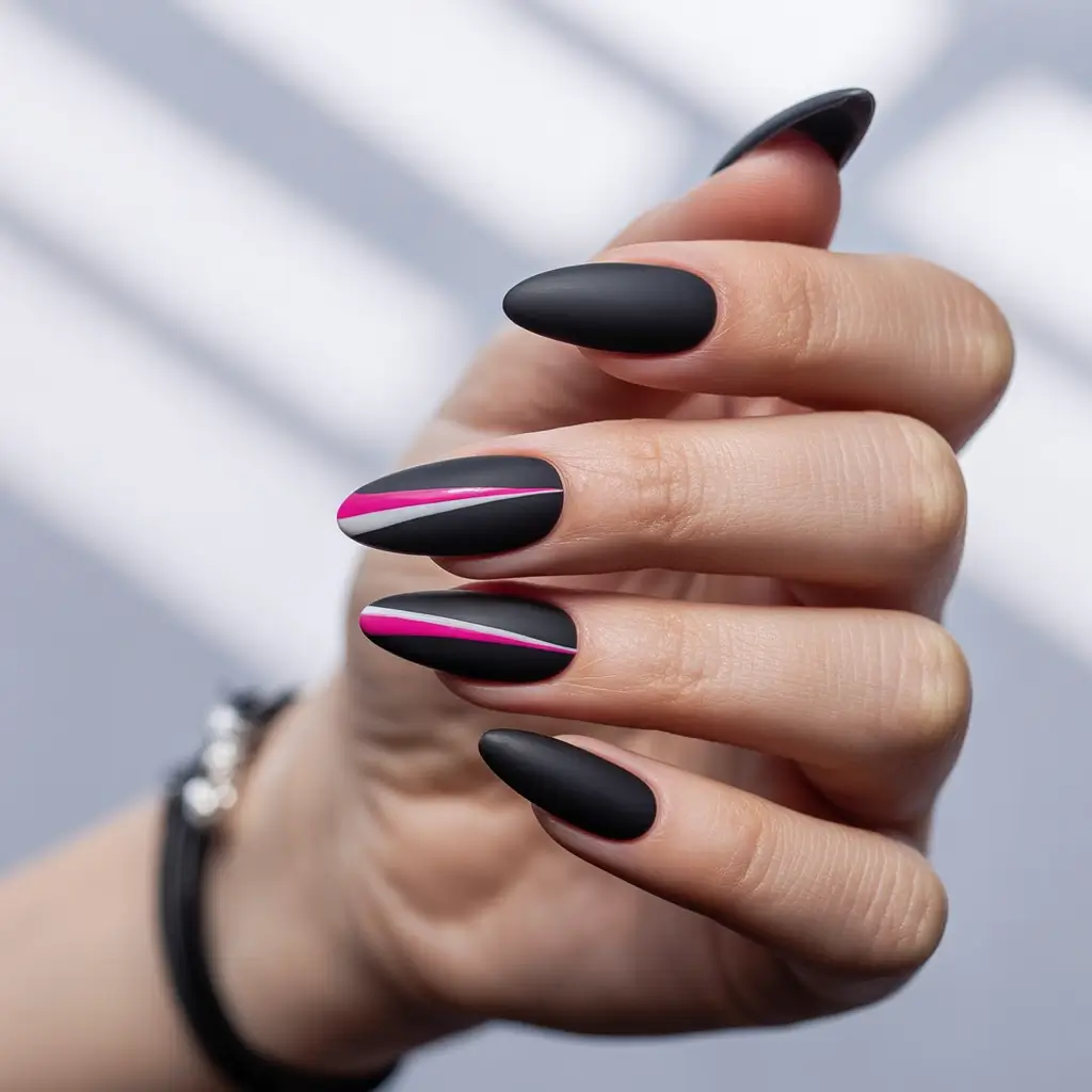 september-nails-color-ideas-2025+Matte-Noir-with-Neon-Pop
