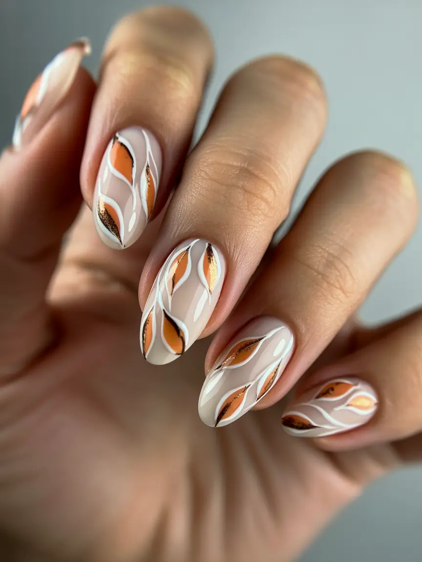 September nails color ideas 2025+Glossy Flowing Lines in Burnt Sienna