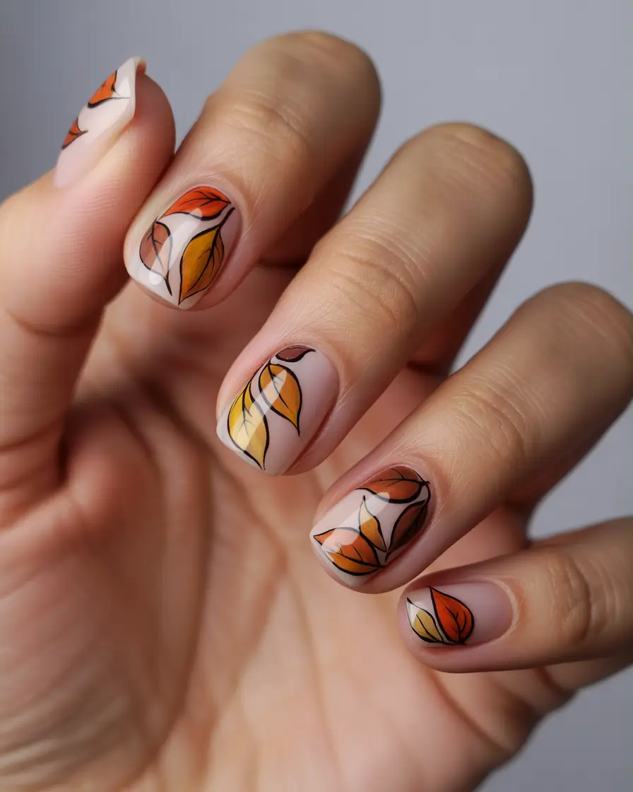 September nails color ideas 2025+Muted Leaf Art on Nude Base