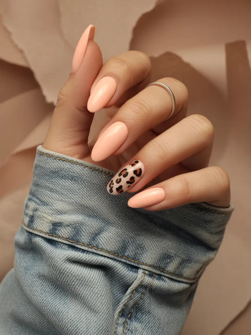 September nails color ideas 2025+Peachy Nude with Leopard Accent