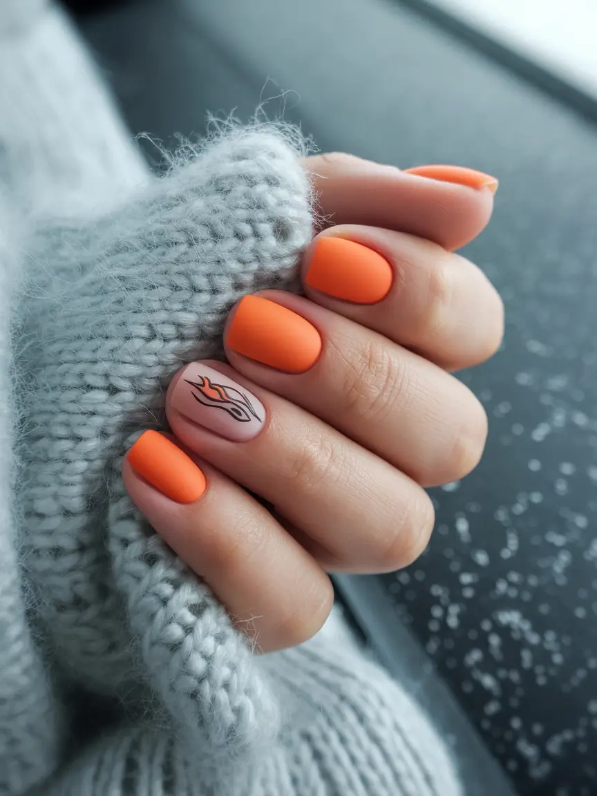 September nails color ideas 2025+Matte Pumpkin with Fine-Line Flames