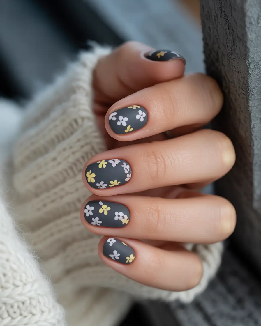 september-nails-design-fall-trends-for-2025 Matte Charcoal with Tiny Florals