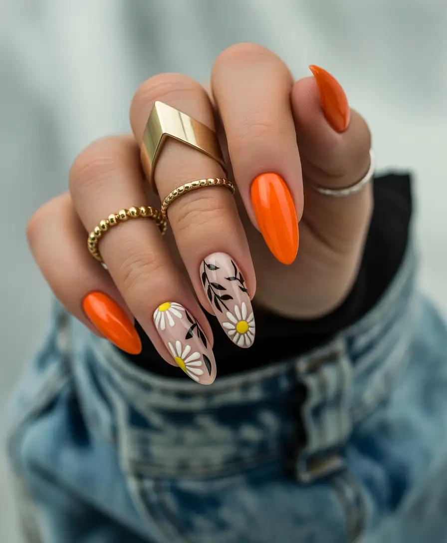 september-nails-design-fall-trends-for-2025 Bold Orange Meets Whimsical Daisies