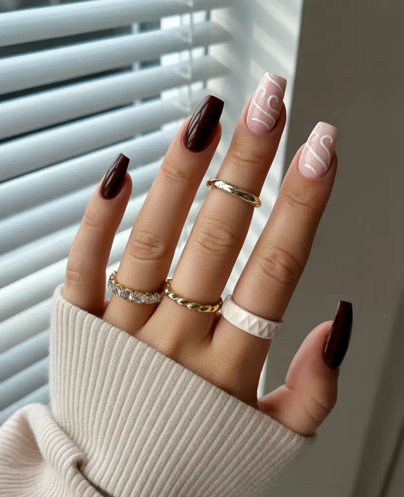 september-nails-design-fall-trends-for-2025 Dark Cocoa Meets Soft Script