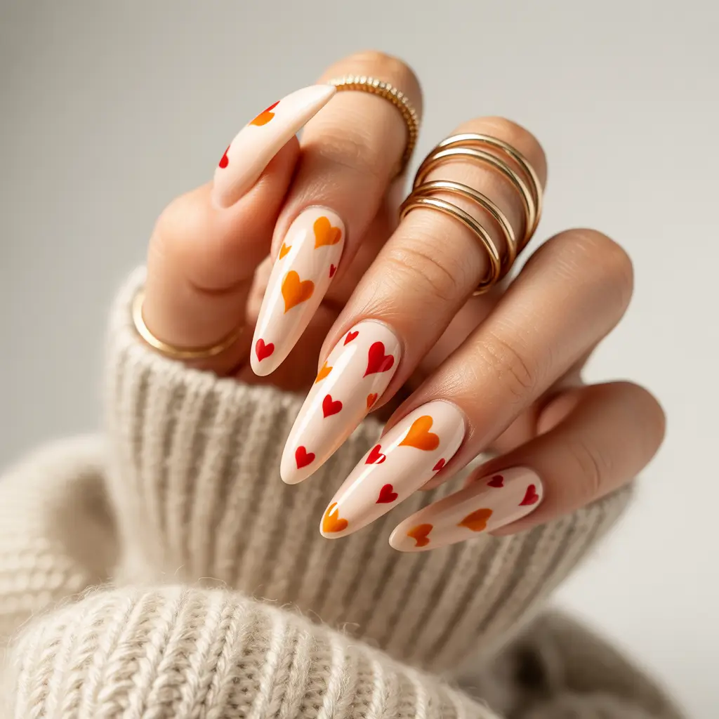 september-nails-design-fall-trends-for-2025 Almond Hearts in Pumpkin & Cherry