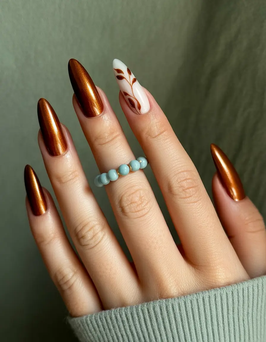 september-nails-design-fall-trends-for-2025 Copper Chrome Meets Botanical Accent