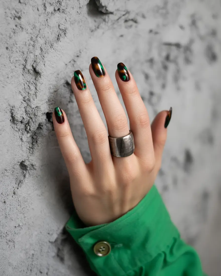 september-nails-design-fall-trends-for-2025 Velvet Green Chrome with Oil-Slick Finish