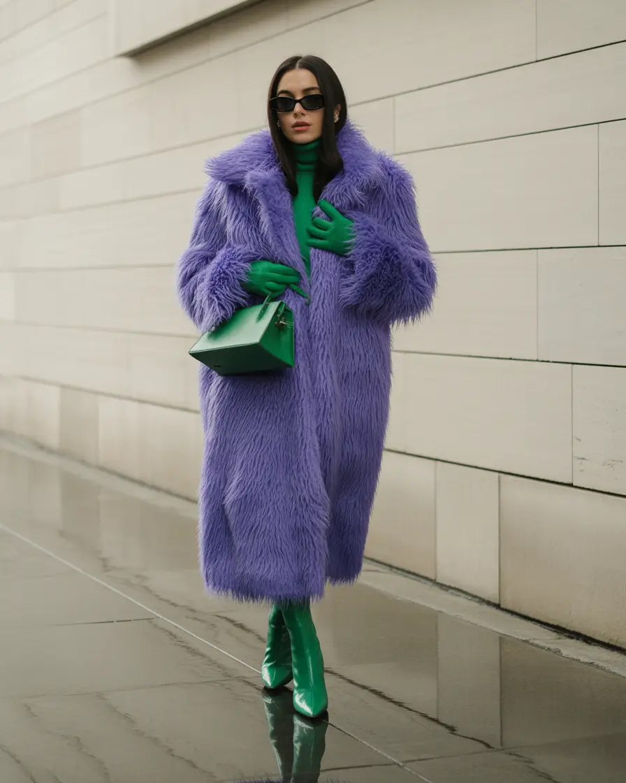 September outfits Bold Maximalism: Faux Fur, Emerald Layers & Drama in Motion