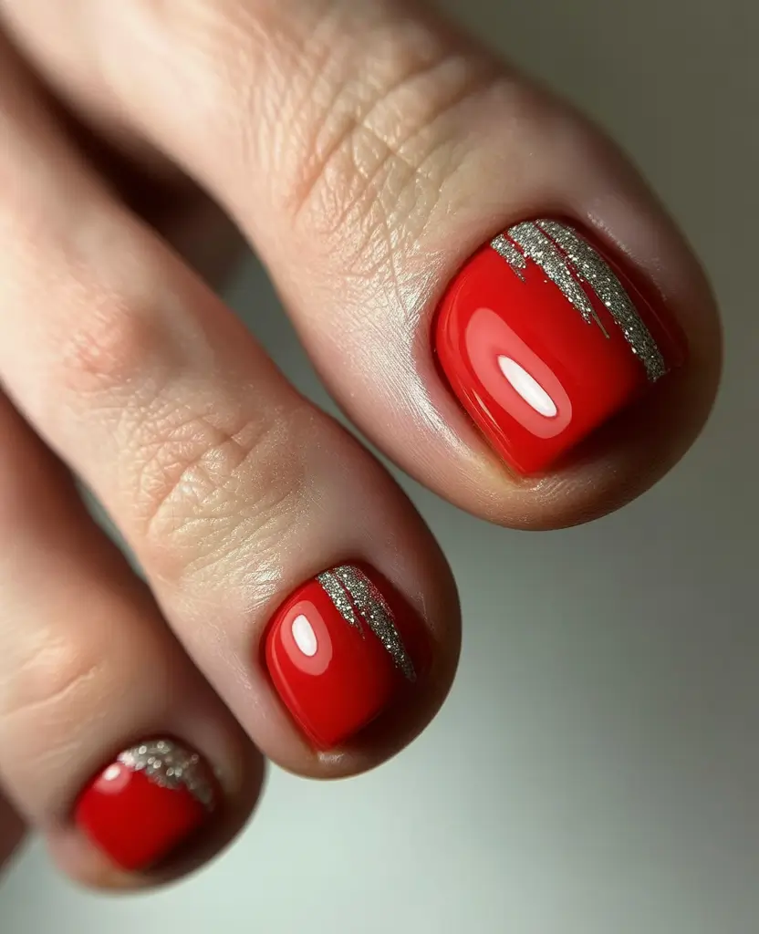 September toe nails ideas 2025 Red Glamour with Silver Lining