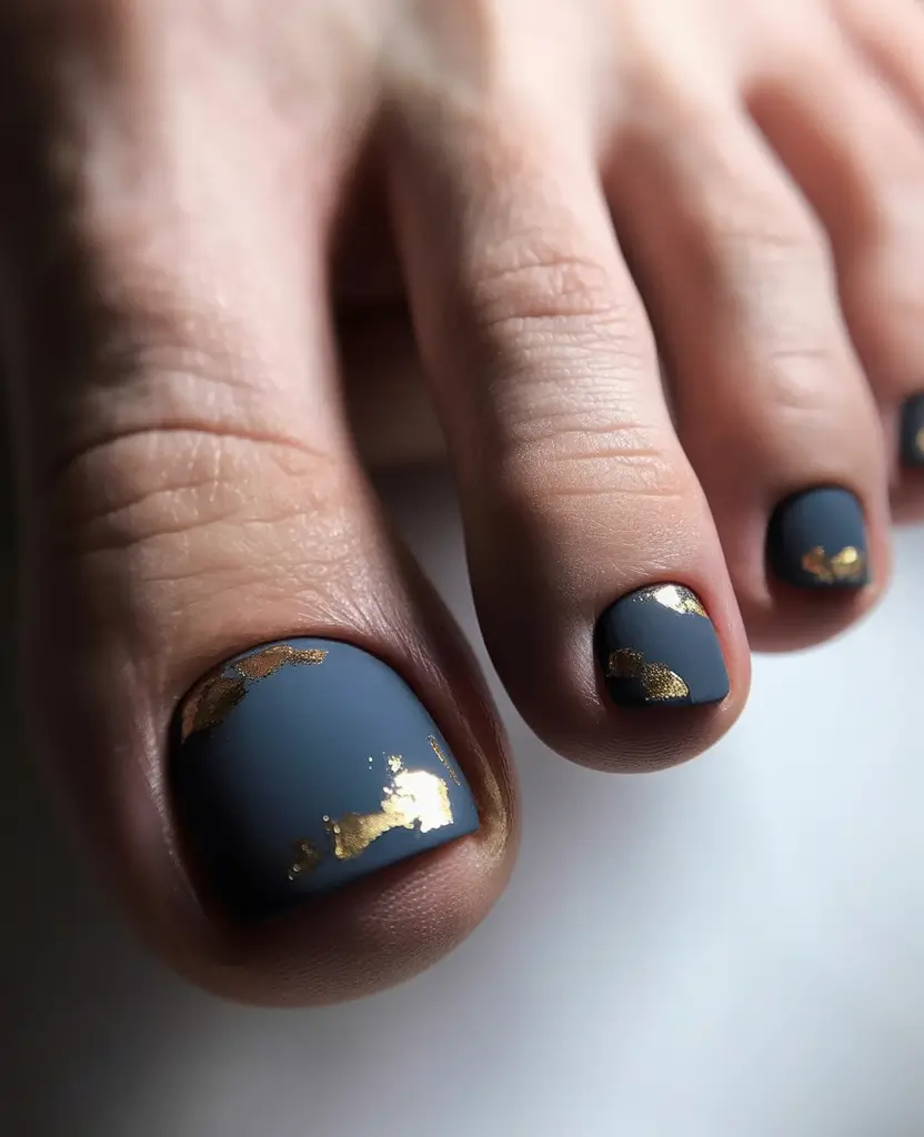 September toe nails ideas 2025+Midnight Matte with Golden Foil