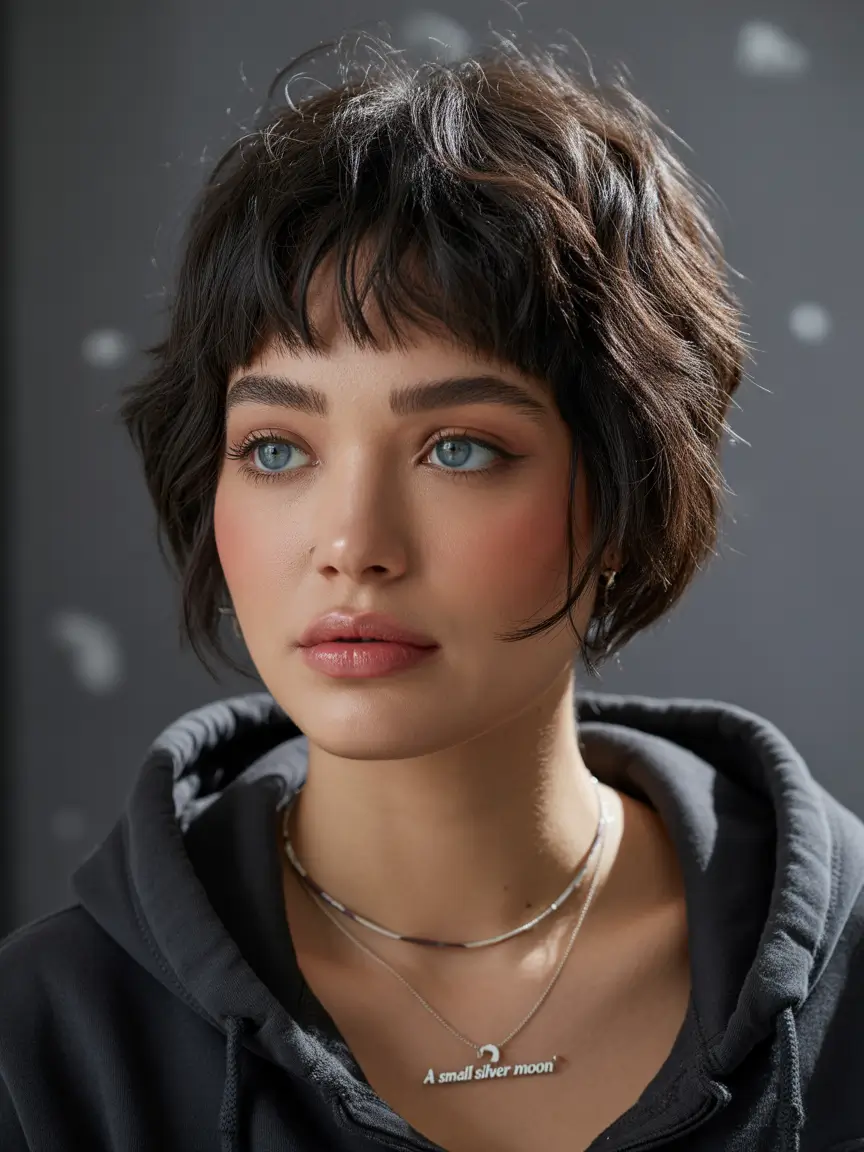 Fall round face haircut Choppy French Crop with Wispy Bangs