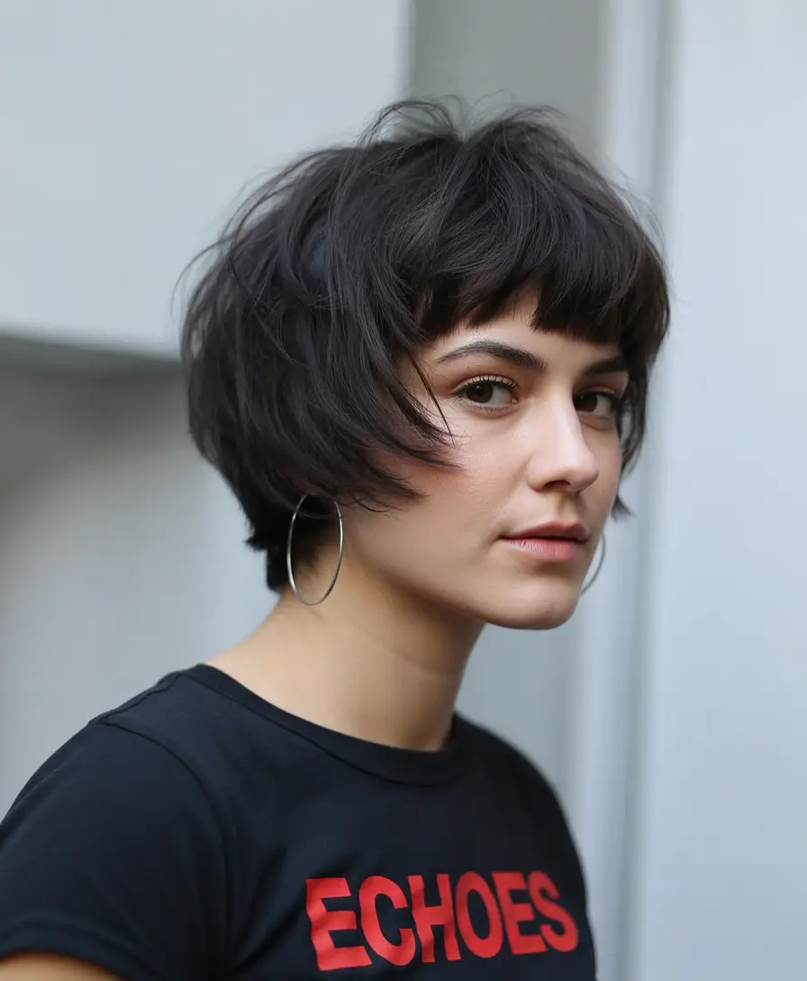 Fall round face haircut Layered Bowl Bob with Choppy Bangs