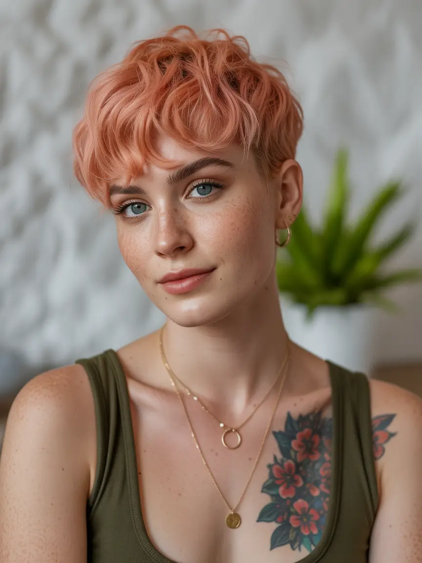 Fall round face haircut+Choppy Peach Pixie with Soft Waves