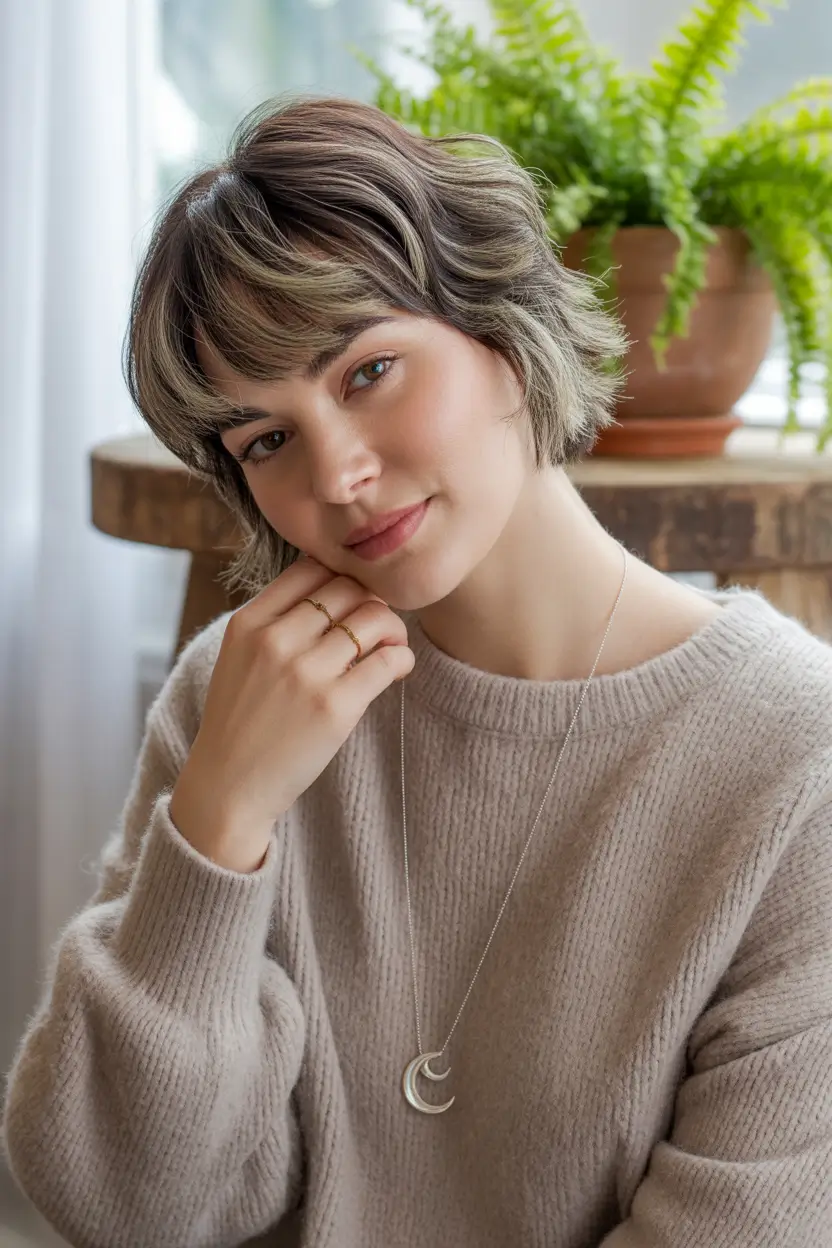 Fall round face haircut Shaggy Cut with Muted Highlights