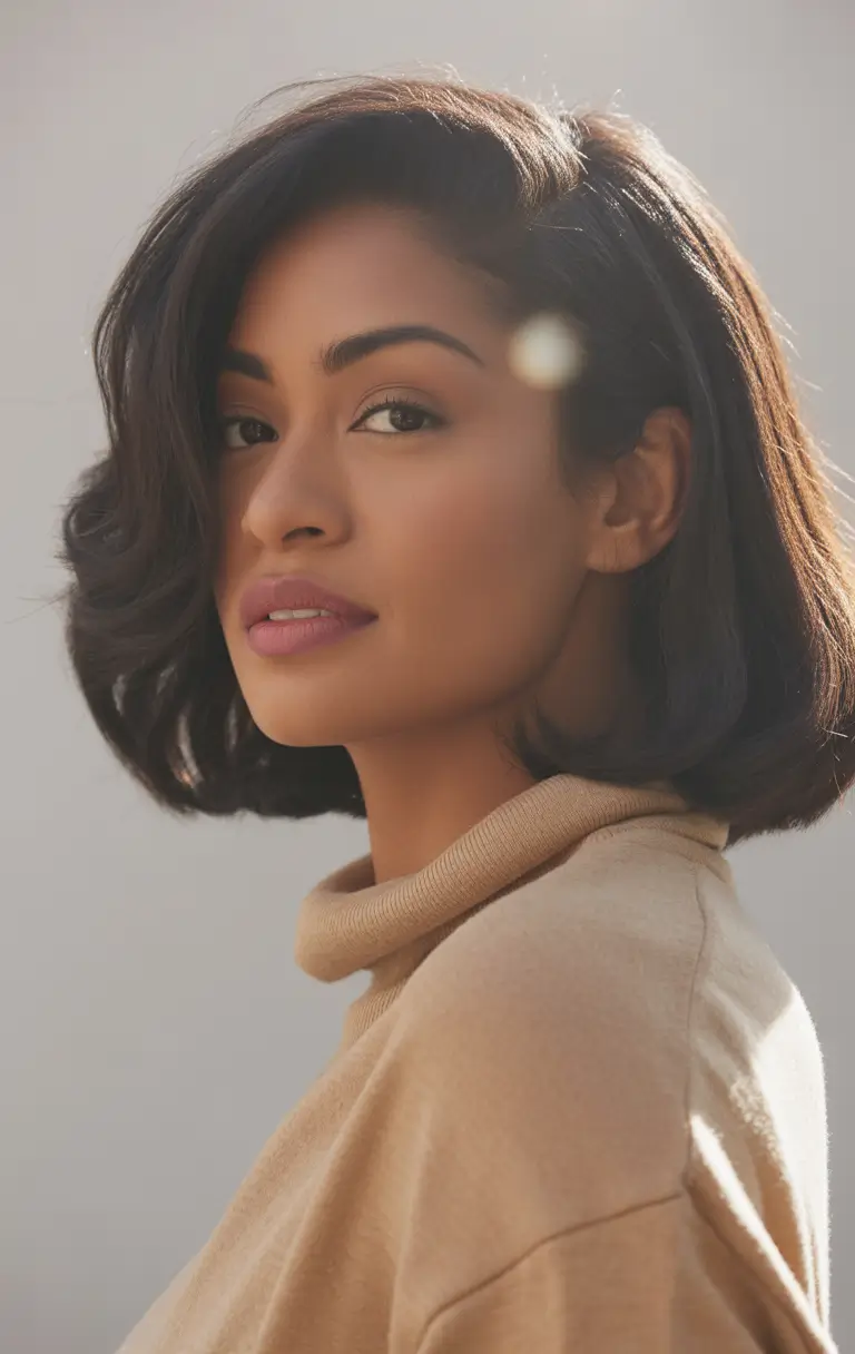 Fall round face haircut Soft Layered Blowout Bob