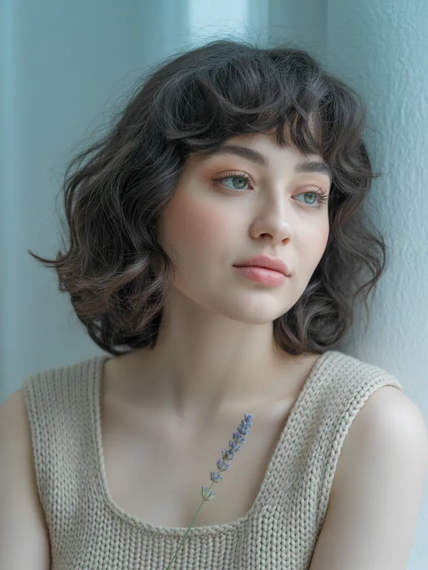 Fall round face haircut Mid-Length Curly Bob with Curtain Fringe