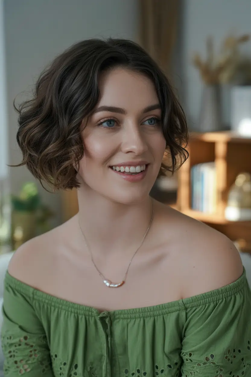 Fall short haircut Textured Bob with Natural Curls and Dimensional Brunette