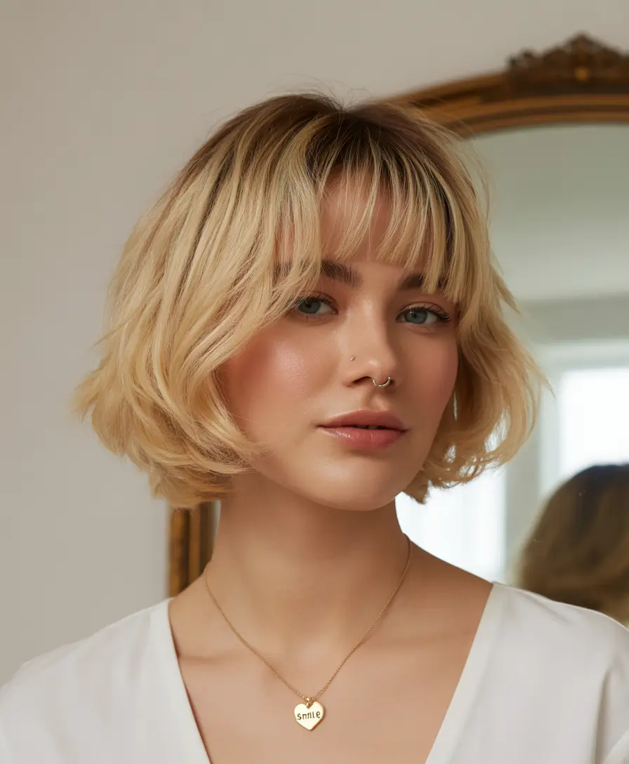 Fall short haircut+Choppy Cream Blonde Bob with Curtain Bangs