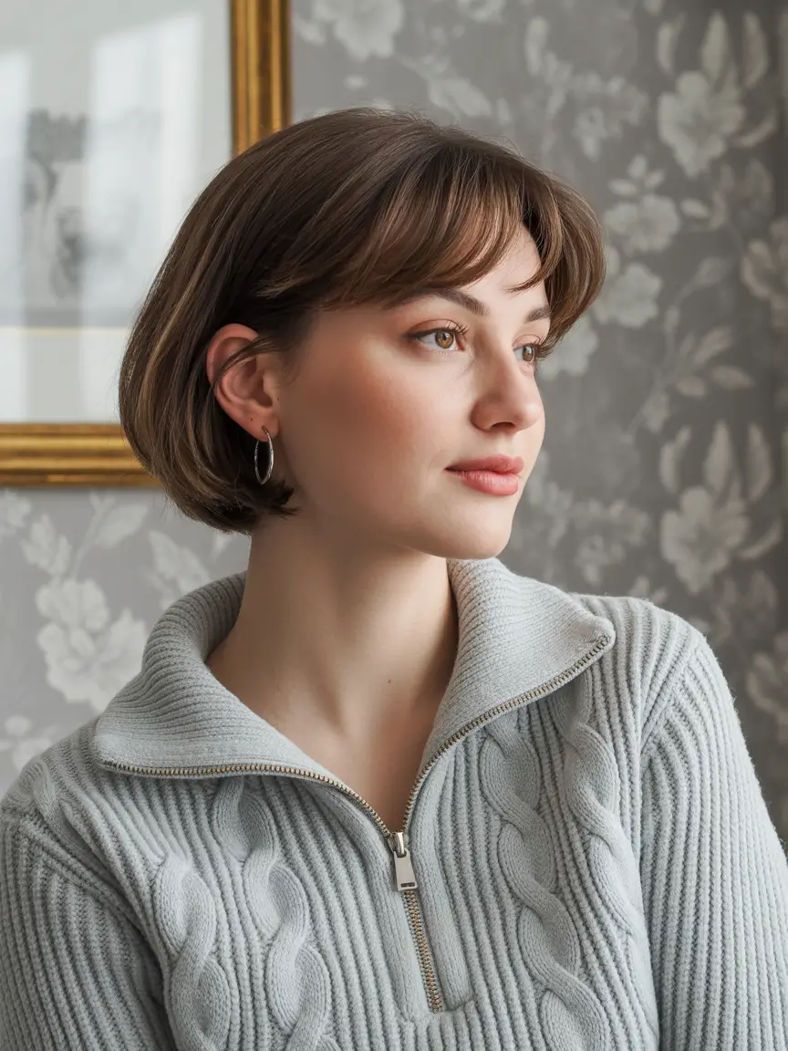 Fall short haircut+Cozy Round Bob with Soft Curtain Fringe