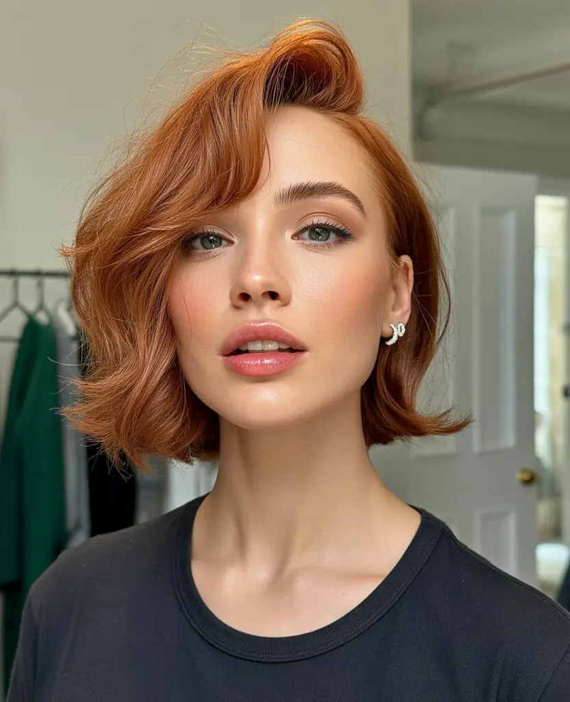 Fall short haircut Asymmetrical Copper Bob with Volume Bangs