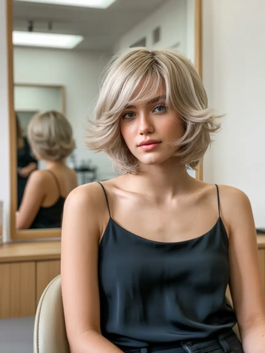 Fall short haircut Feathered Blonde Butterfly Bob with Curtain Bangs