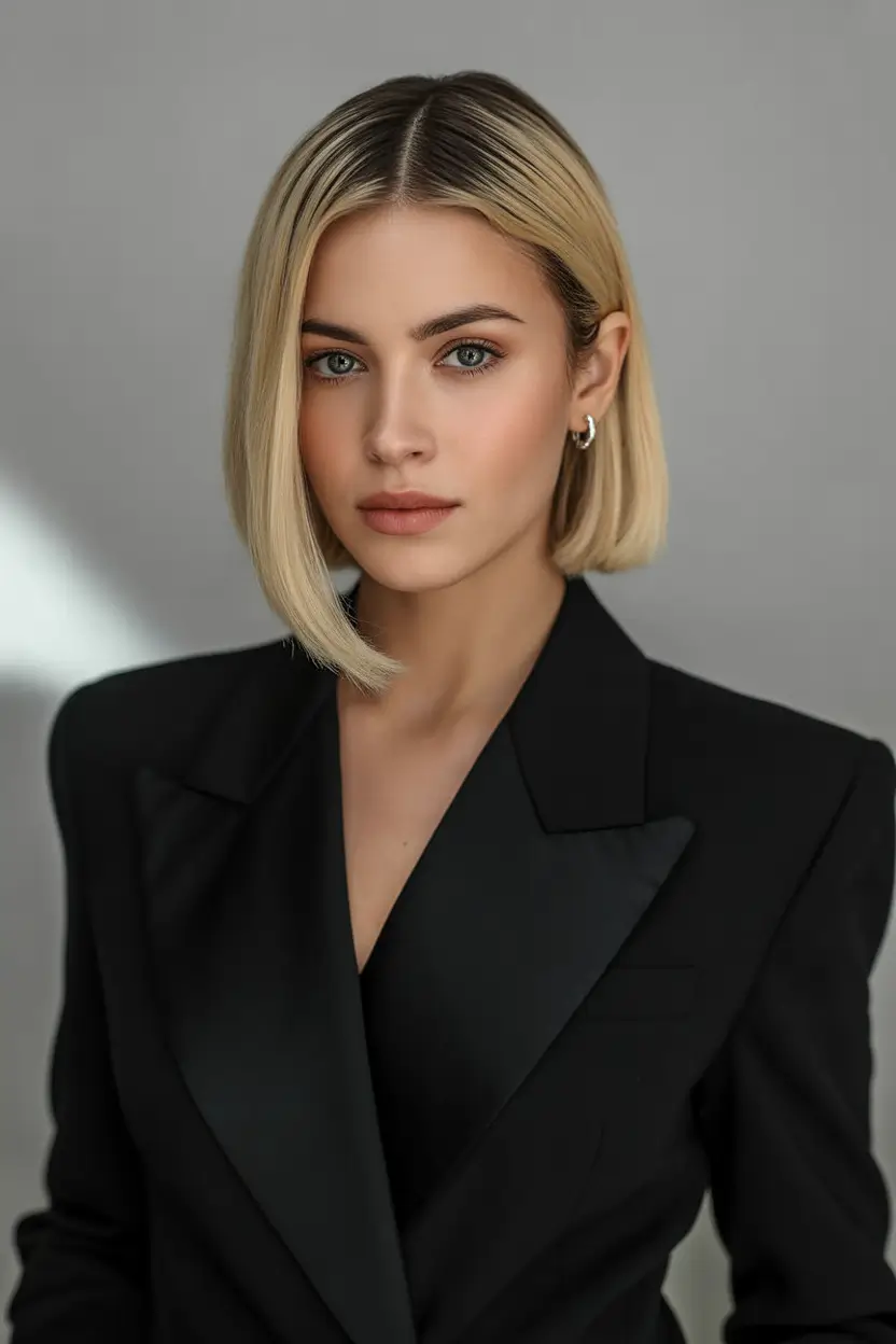Fall short haircut Sleek Power Bob with Deep Side Part