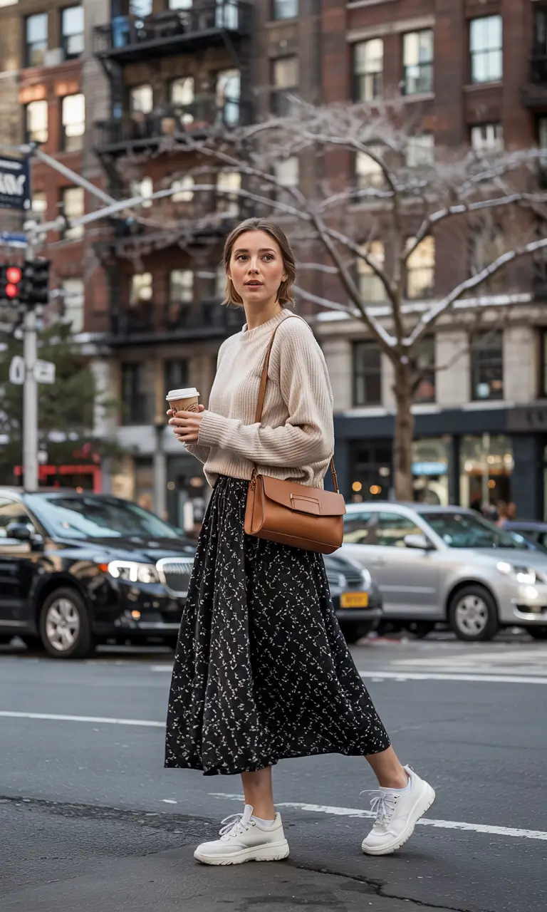 simple casual fall outfits Effortless City Girl: Soft Knit Meets Statement Skirt