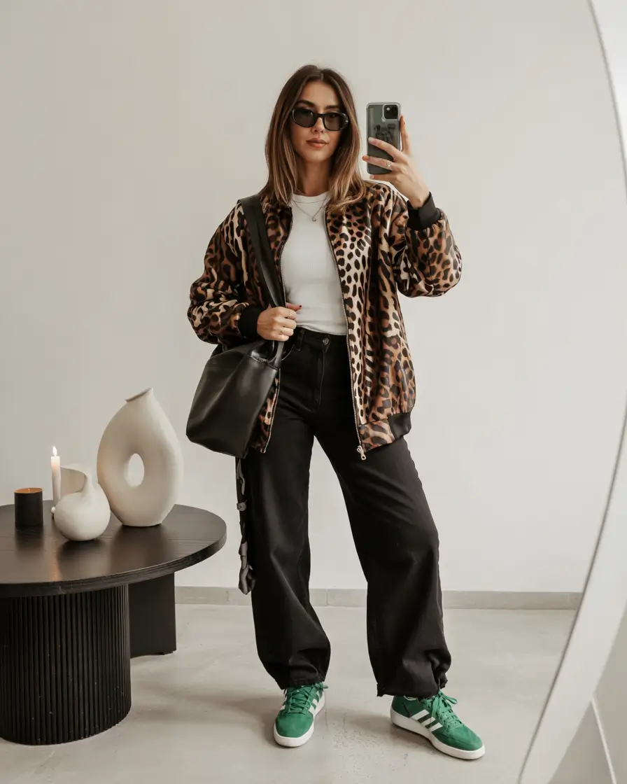 simple casual fall outfits Sporty Wild: Leopard Layers and Pops of Color