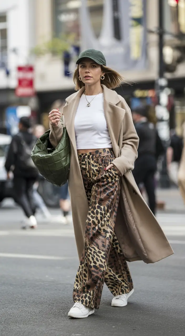 simple casual fall outfits Street-Smart Layers: Leopard Pants & Luxe Trench