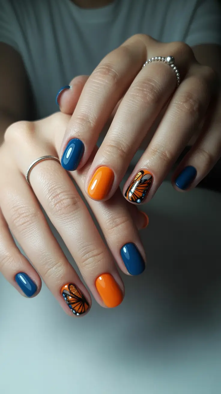 Simple Fall Nails 2025 Monarch Magic in Navy & Orange