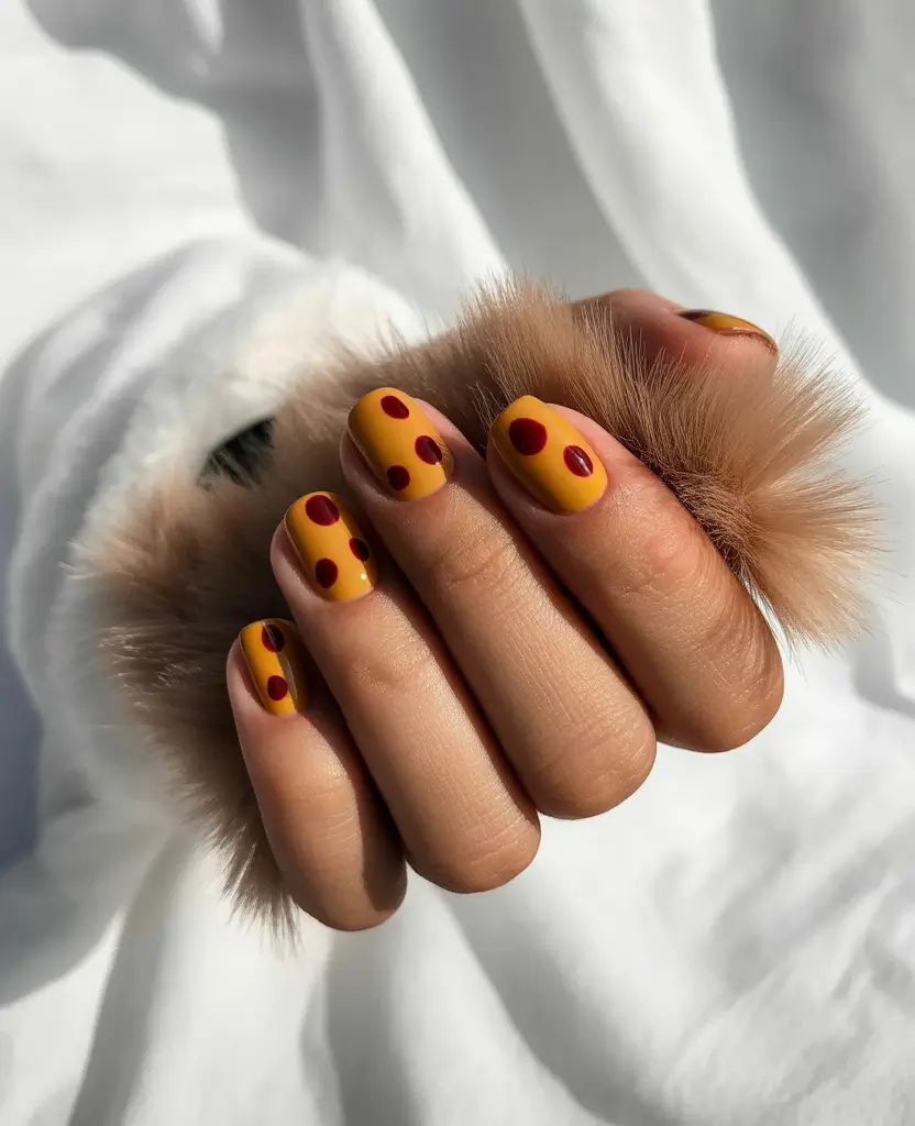 Simple Fall Nails 2025 Mustard Base with Burgundy Dots