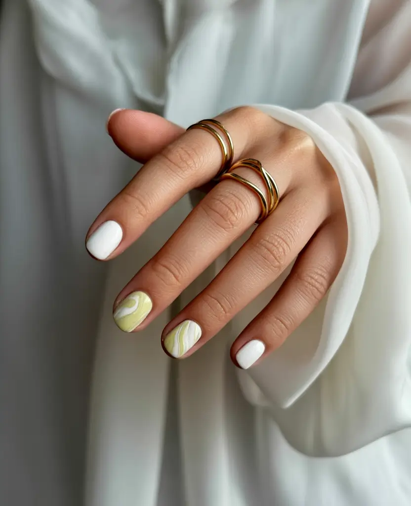 Simple Fall Nails 2025 White & Butter Swirl Marble