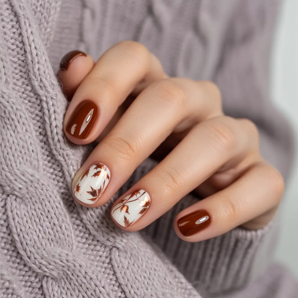 simple fall nails Spiced Leaves on Milk White